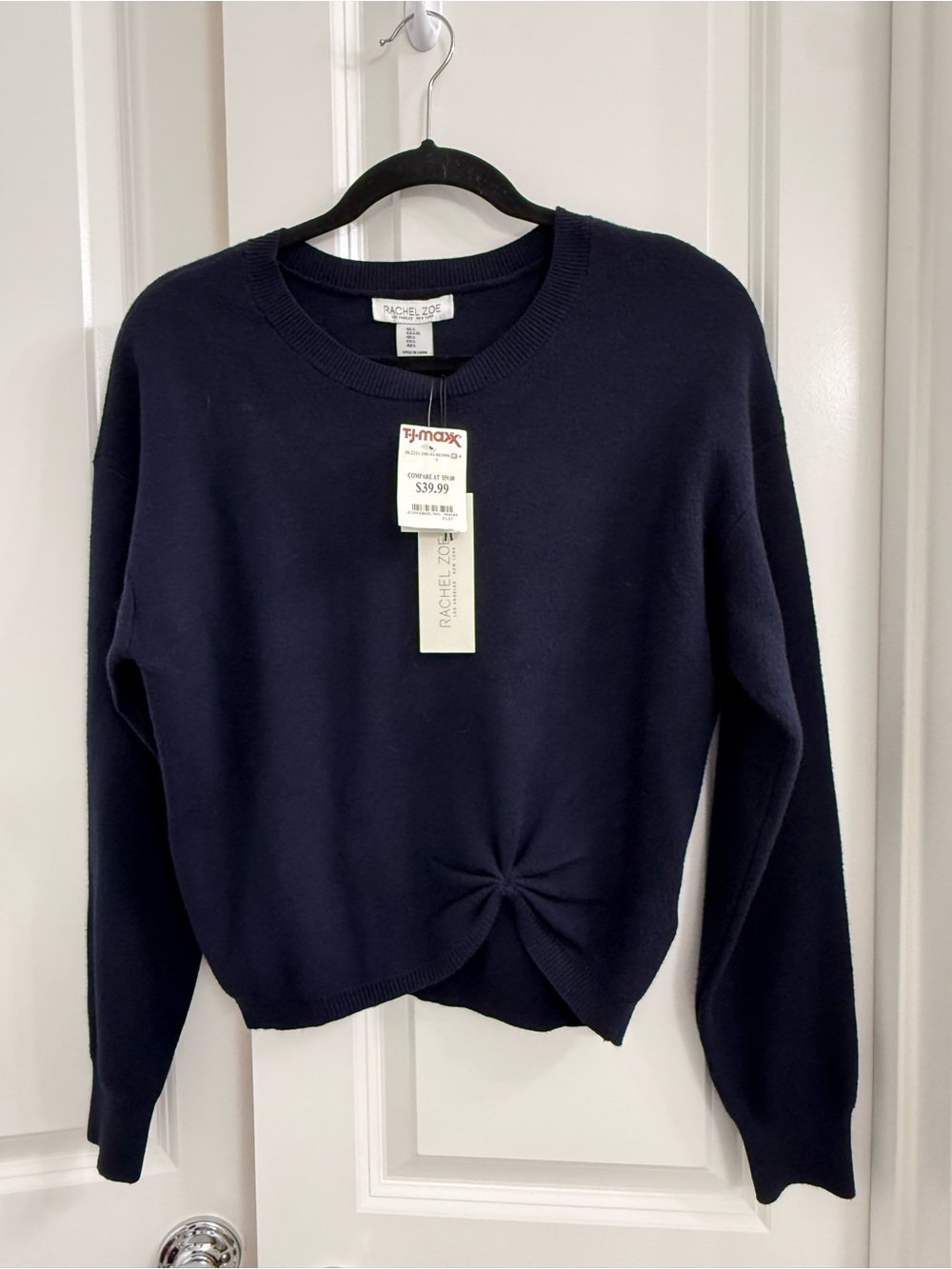 Rachel Zoe Navy Twist-Front Crewneck Sweater Cozy Fall Essentials